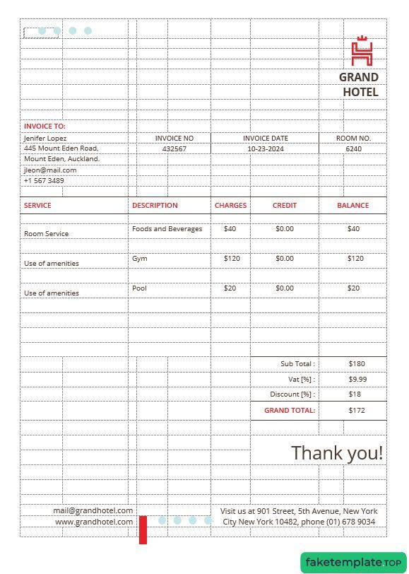 Feature of fake Grand Hotel invoice example